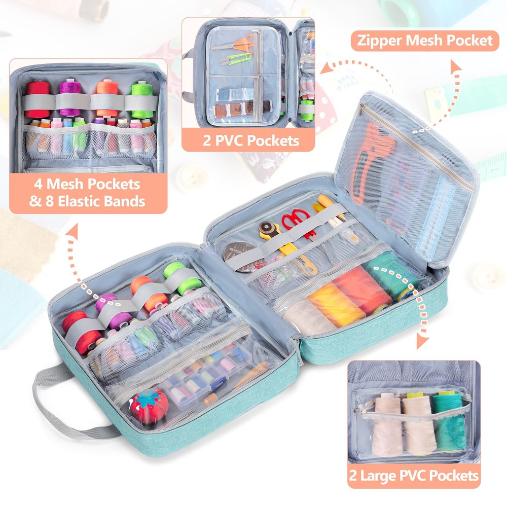 Sewing Storage Organizer Folio Open Design Pockets For Sewing Kits Blue