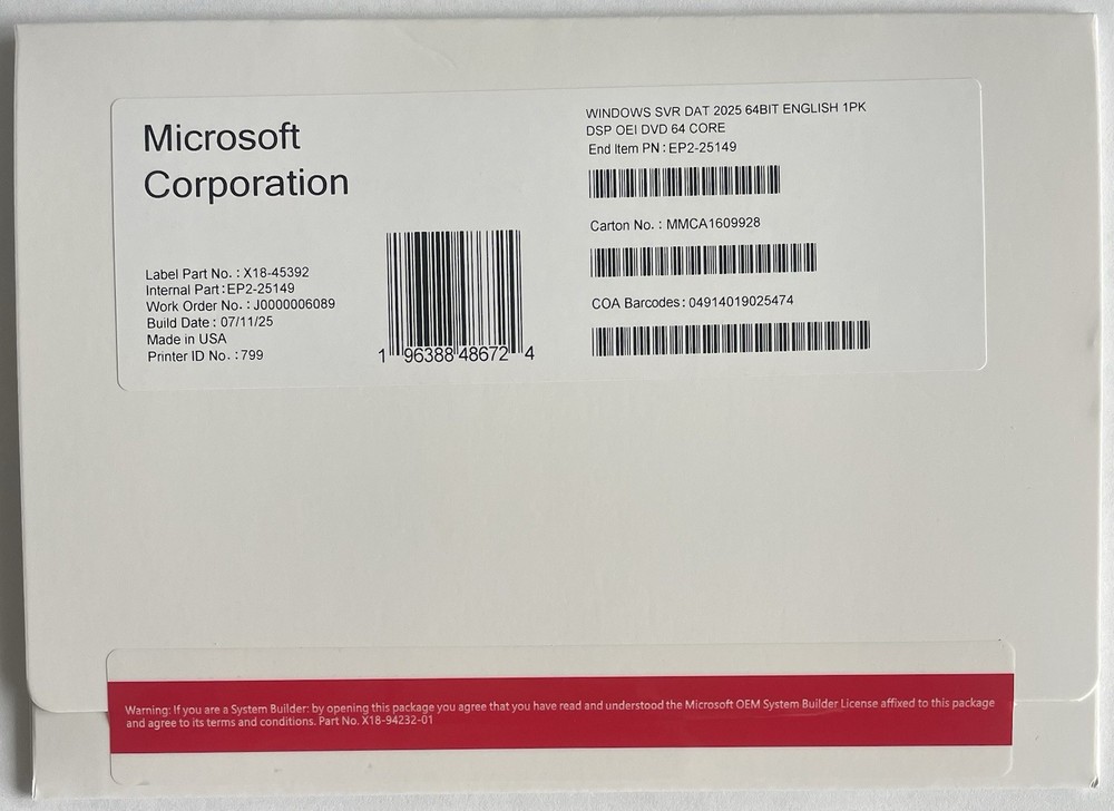 Microsoft Windows Server 2025 Datacenter 64Bit 64 Core DVD+Key (New)