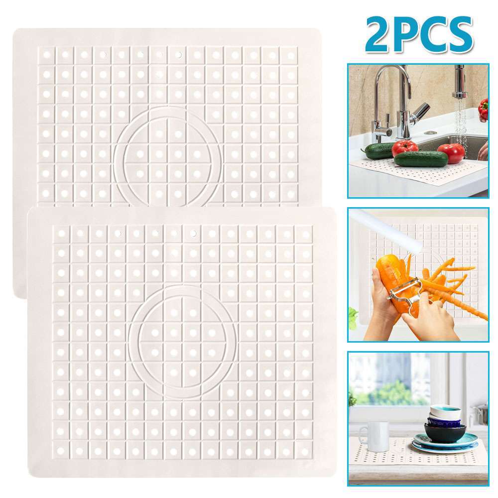 2 Pack Kitchen Sink Mat Drain Pad Protector 10" x 12" Non-Slip Rubber Durable