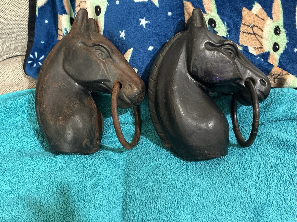 ￼ A Pair Of Cast Iron Hitching Post Head Horses