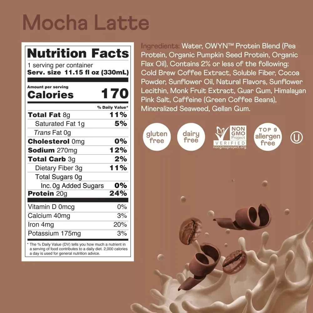 OWYN 20g Double Shot Mocha Latte Protein Shake, 4 Count