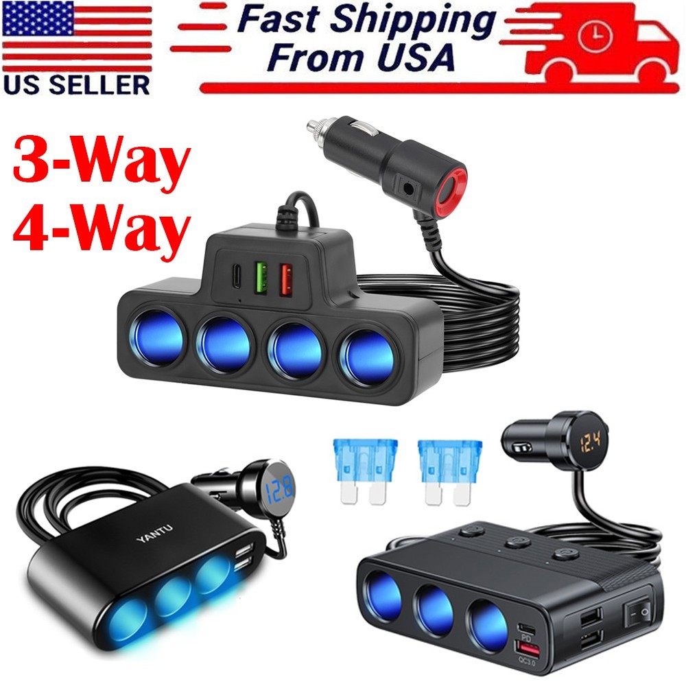 3-Way 4-Way Car Cigarette Lighter Socket Splitter Fast Charger Power Adapter 12V