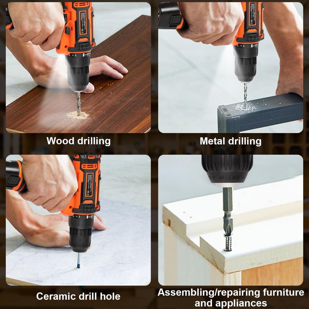 Cordless Drill Driver Set 12V,3/8"Keyless Chuck Battery Drill Kit,2 Variable ...