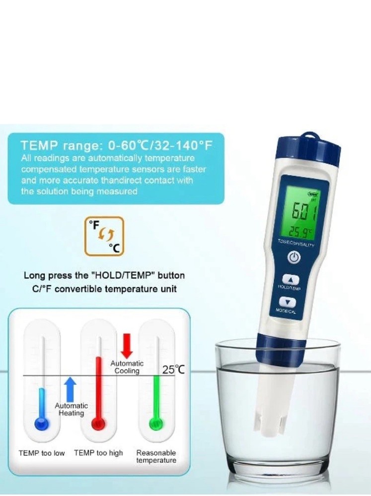 Digital pH & Temperature Meter LCD Backlight Display, Auto Temp Compensation