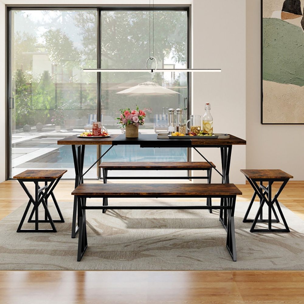 Space-Saving 5-Pc Industrial Dining Set: Table, Benches, Stools