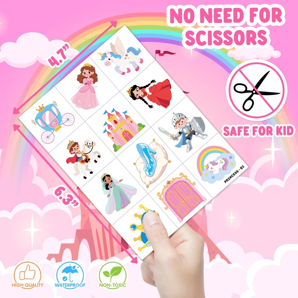 96 PCS Cute Princess Pre-Cut Temporary Tattoos for Kids | Medium, Multiple