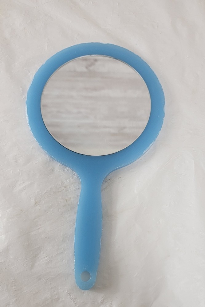 Vintage Light Blue Plastic Hand Mirror Double Sided Magnified