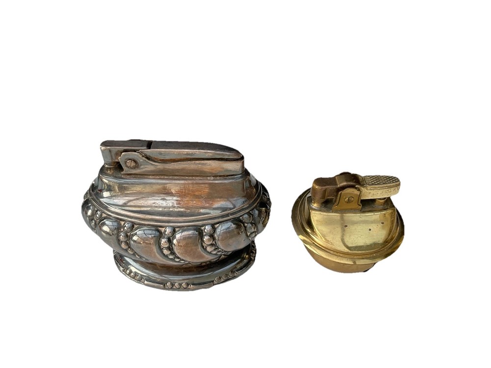 2 Lot Ronson Crown Silver Plate Table Top Lighter & Gold tone Replacement Lighte