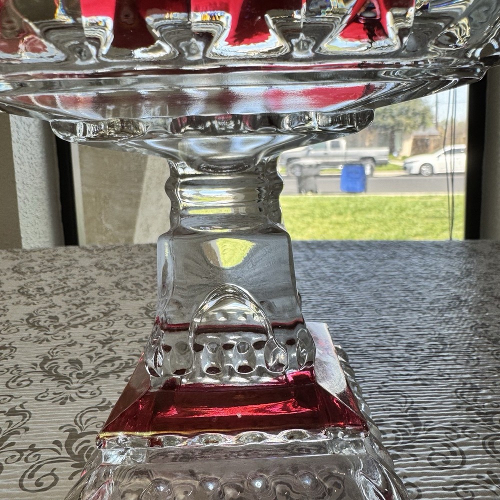 Indiana Glass Ruby Flash Pedestal Compote Square Thumbprint Bowl