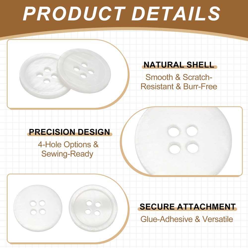 Natural Shell Button 4 Hole Shell Round Sewing Buttons 18 mm & 50 Pack & White
