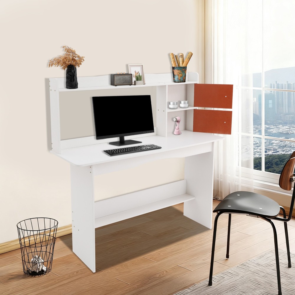 White Computer Desk with 2-tier Shelves, Writing Study Desk for Home Office