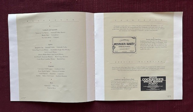 United Connoisseur Class Menu and Wine 1992