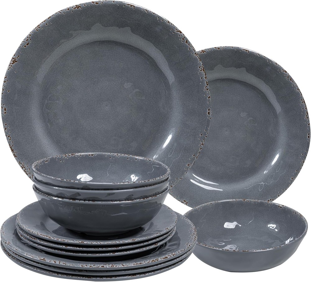 12-Piece Rustic Melamine Dinnerware Set W/ Dinner Plate Salad Plate And Large
