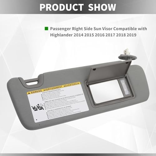 Right Passenger Side Sun Visor Compatible with Highlander Right Passenger Gray