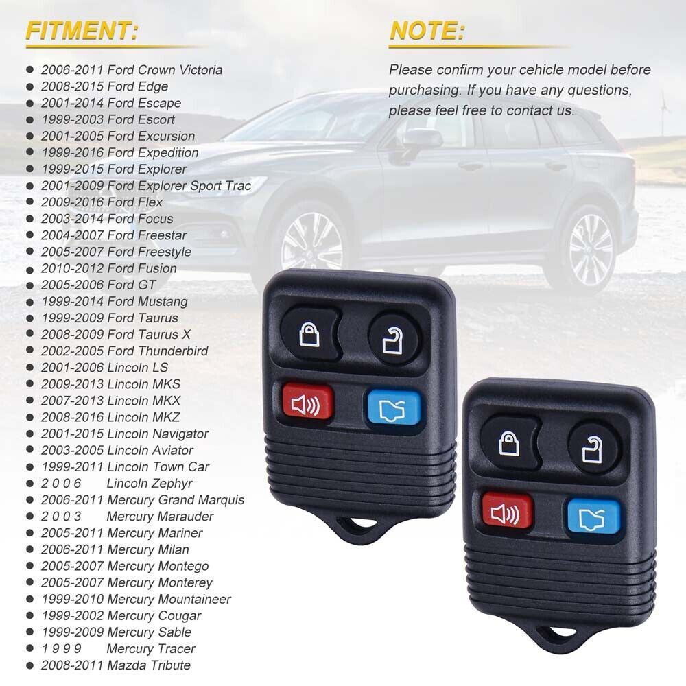 2 Pack Keyless Entry Remote Control Key Fob Transmitter Alarm 4Button For Ford