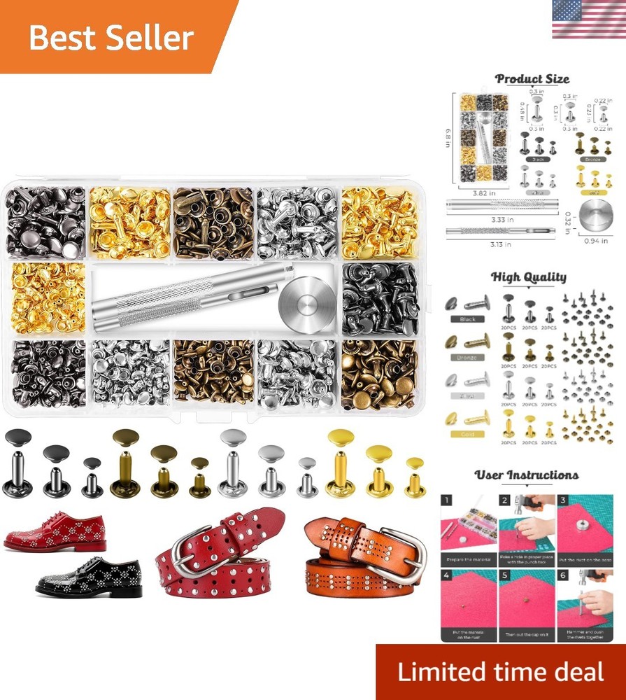 240-Piece Brass Rivets Kit - Durable Leather Studs with Setting Tools for Crafts