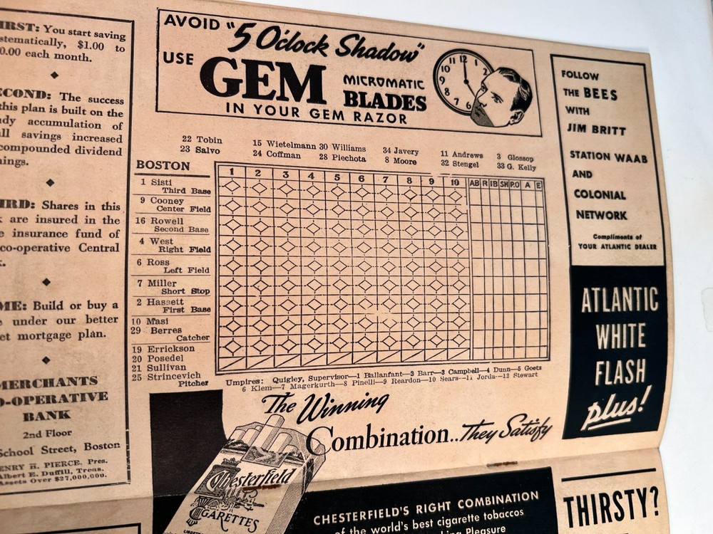 1940 Boston Braves Baseball Program vs Reds Unscored HIGH GRADE🔥