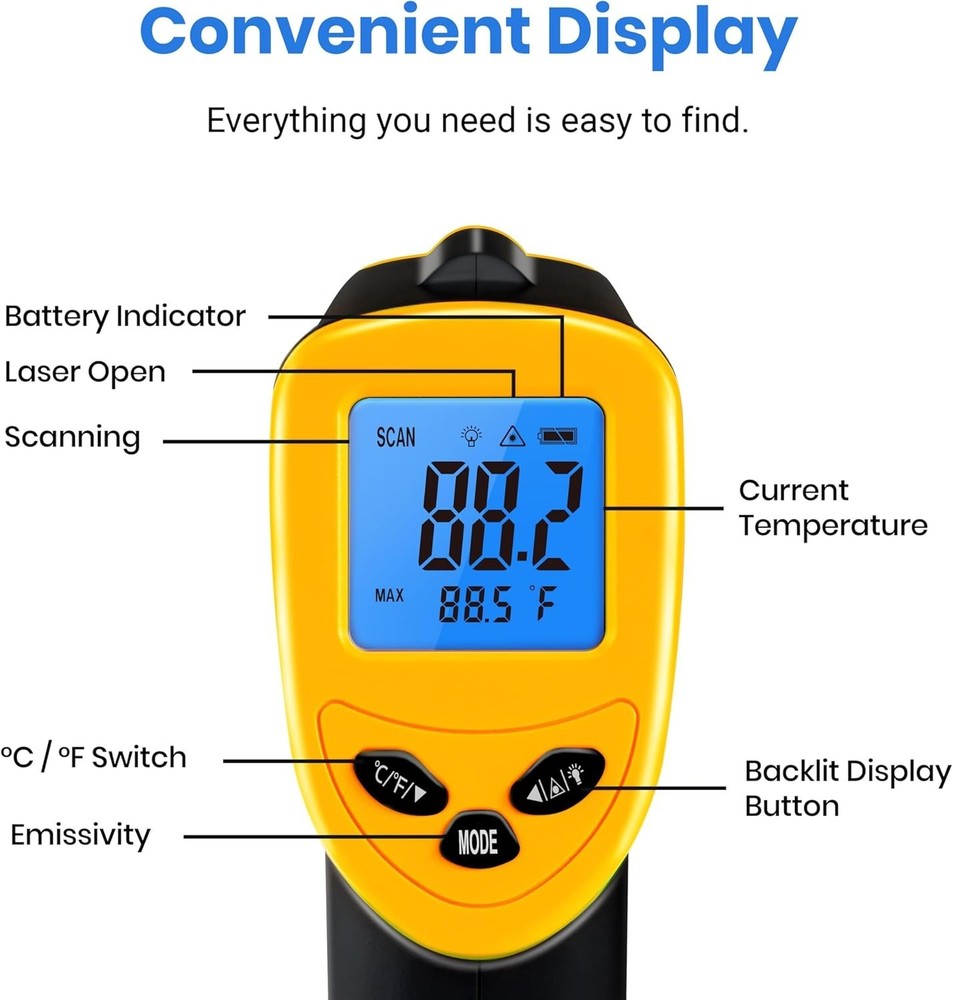 User-Friendly Infrared Temperature Gun - Adjustable Emissivity & Backlit Screen