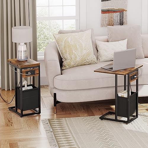 C Shaped Side Table with Charging Station, Foldable End Table with Fabric