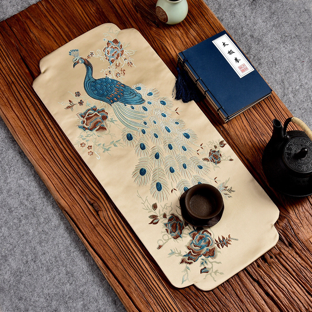 Peacock Embroidered Tablecloth Table Runner Tea Ceremony Cup Coffee Mat Pad