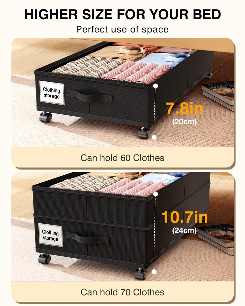 LeArex Under Bed Storage with Wheels,2Pack Underbed Shoe 2pcs, Black