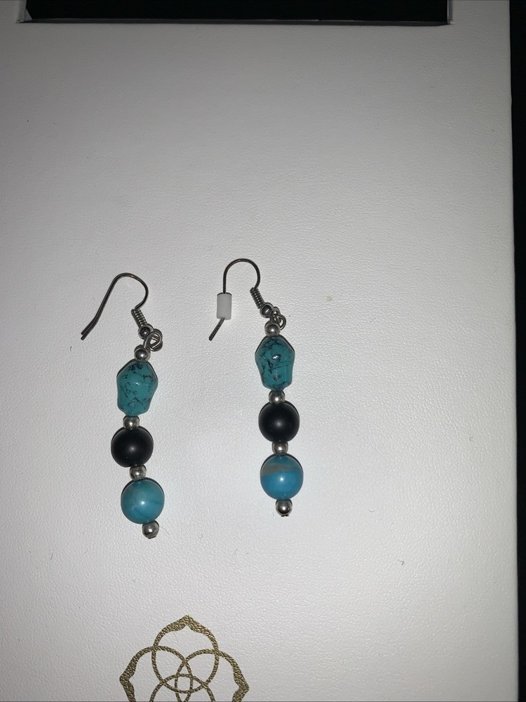 turquoise Dangle Earrings With Black Stone Between Two Turquoise Stones