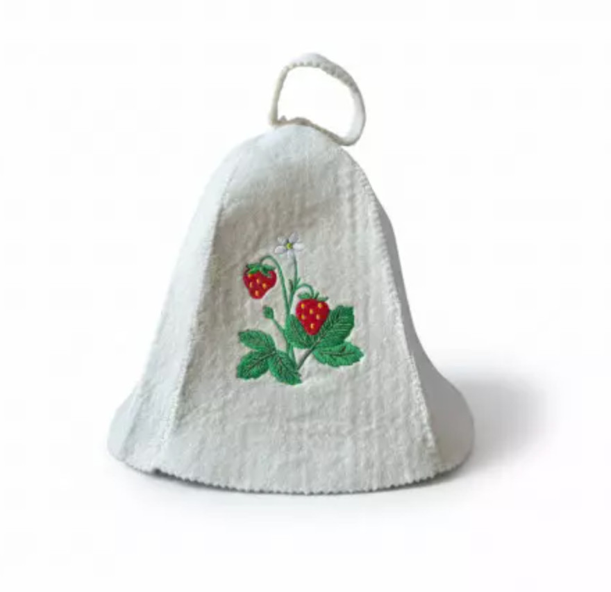 Sauna hat -  Strawberries, White, wool 100%,