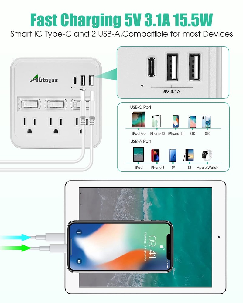 Alitayee Wall Outlet Extender Surge Protector, USB Power Strips with WHITE