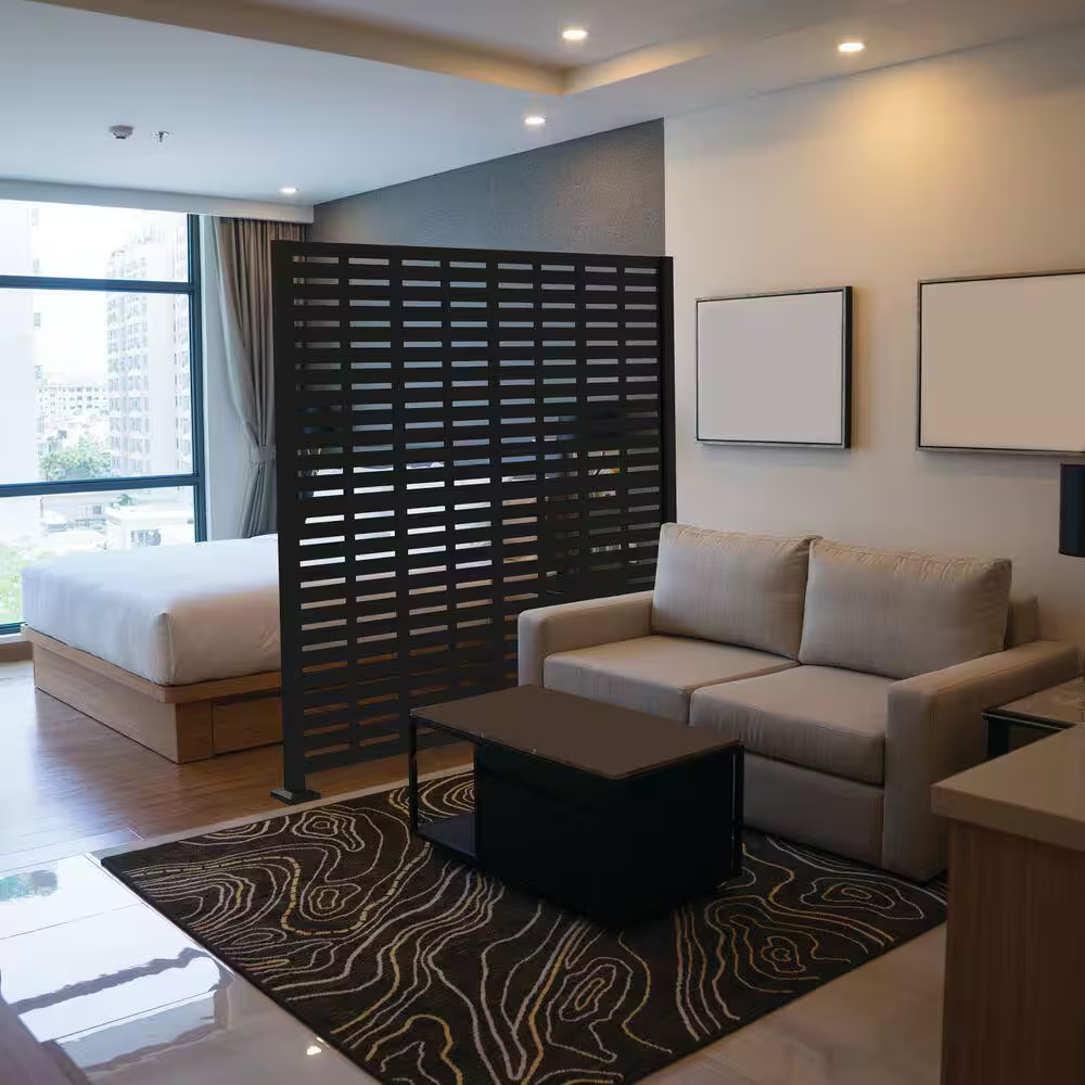 6 Ft. X 6 Ft. Matte Black Metal Decorative Screen Panel Frame Kit with Boardwalk