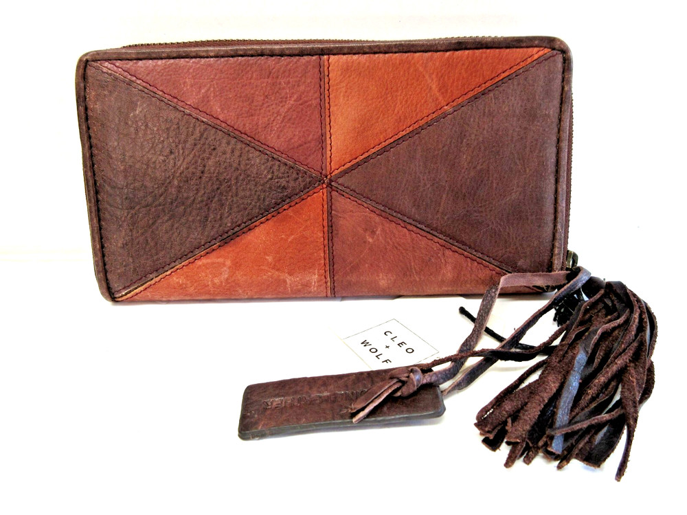 CLEO + WOLF Distressed Patchwork Leather Zip-Around Wallet Tassel NWT
