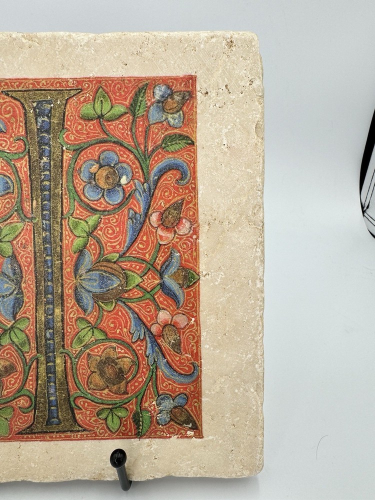 Vatican Library Illuminated Manuscript Letter I Stone Tile Plaque Medieval Decor