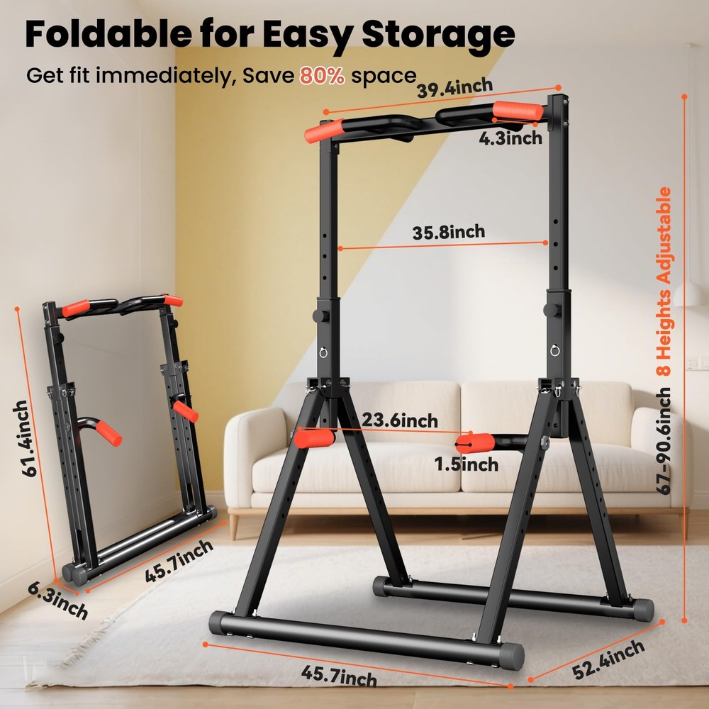 Foldable Power Tower Pull Up Bar Dip Station, Pull Up Bar Standing for Home G...