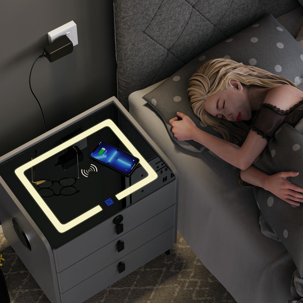 24" Modern Bedroom Smart Bedside Table Fingerprint Unlocking+Bluetooth+Led