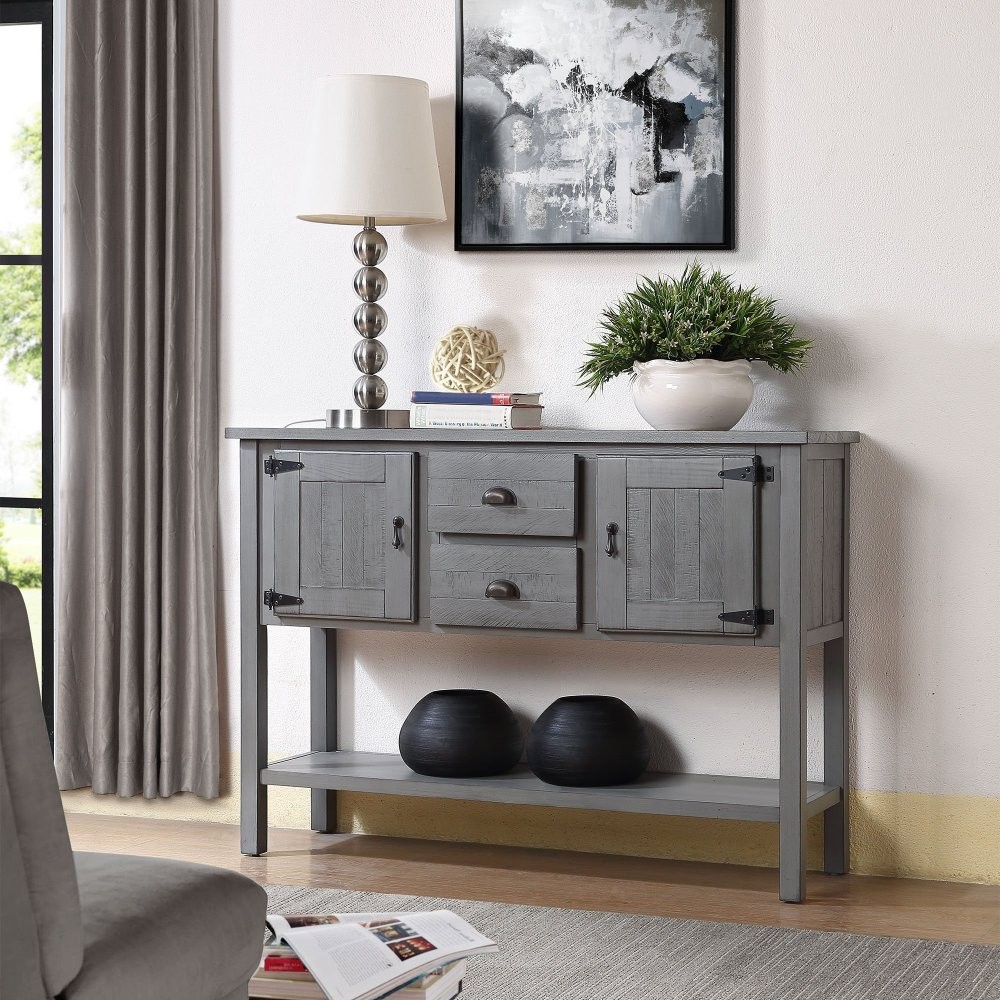 Solid wood side table with 2 drawers, cabinet, bottom shelf, and two doors