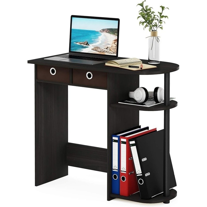 Stylish Compact Computer Desk W/ 3 Open Side Shelves Home Office Study Espresso