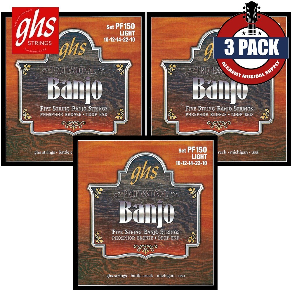 3-PACK GHS PF150 Phosphor Bronze 5-String Light Banjo Strings Loop End