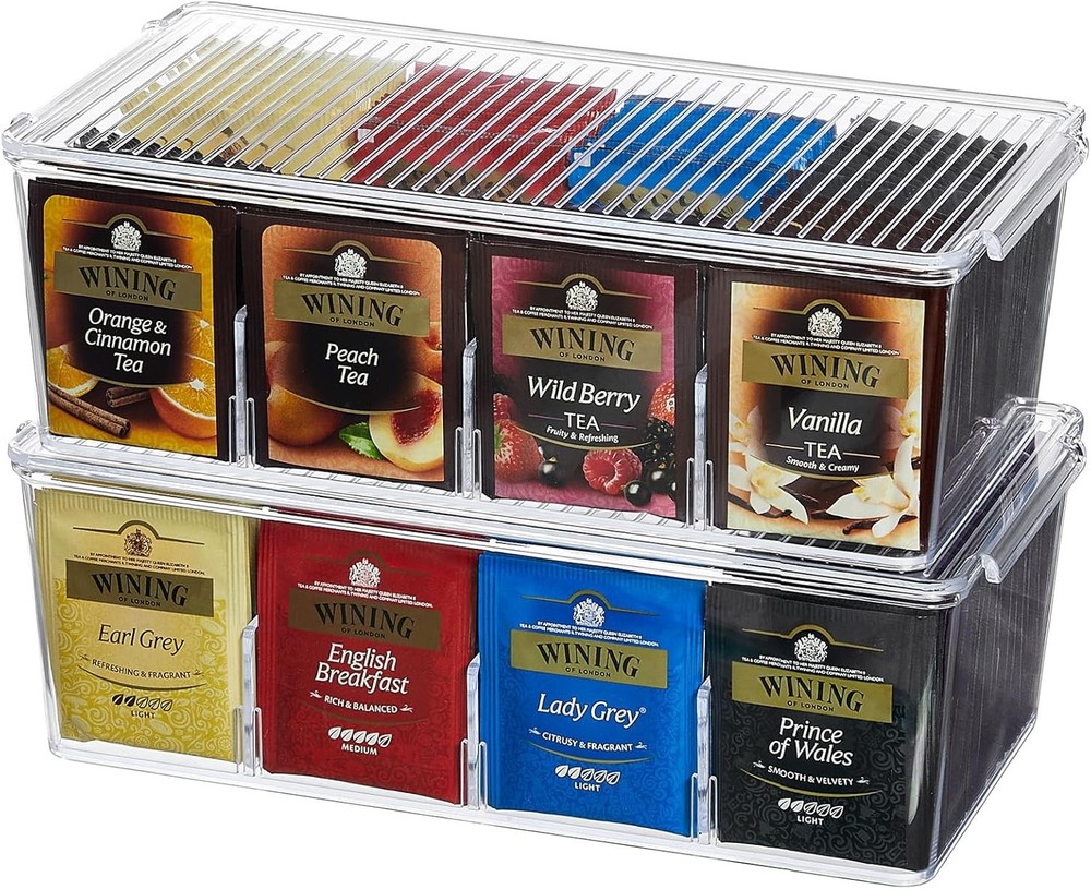 Stackable Plastic Tea Bag Organizer Box with 16 Compartments & Lids, Divided