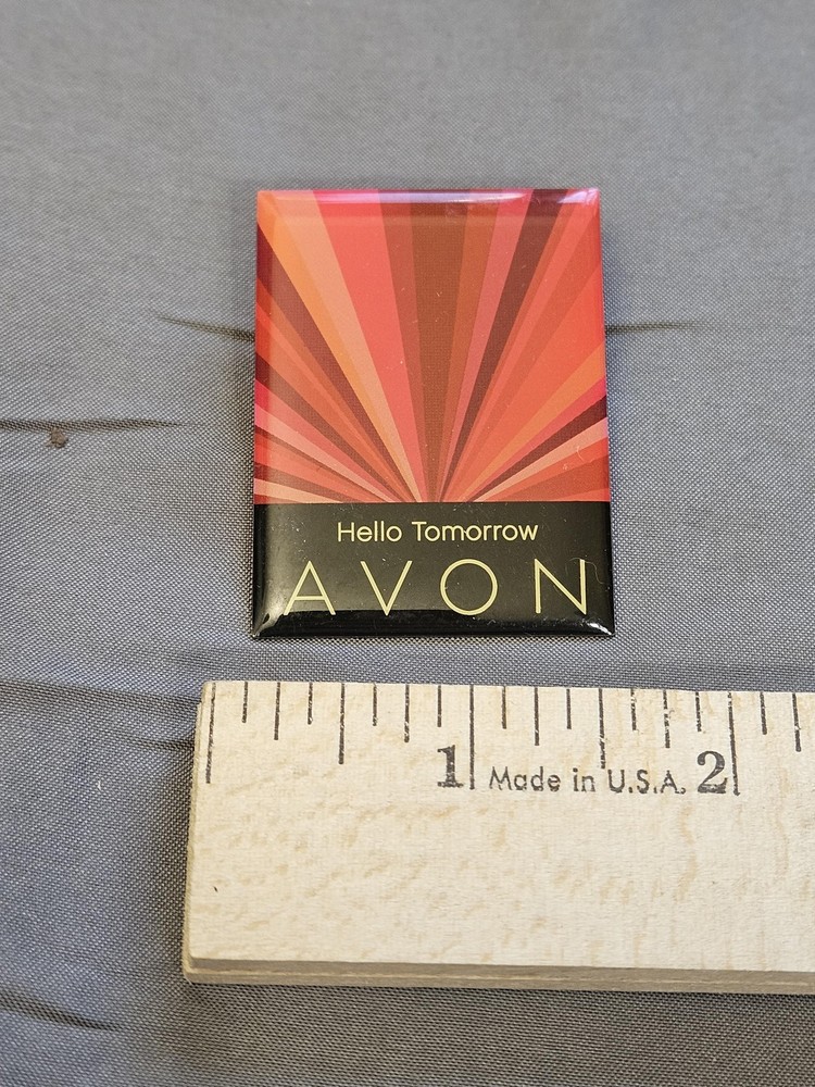 Avon Hello Tomorrow Lapel Pin Rectangular Sunburst Promo Badge Dual Clutch