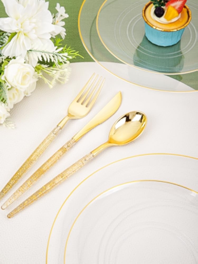 Clear Gold Plastic Plates - Disposable Plastic Sierware with