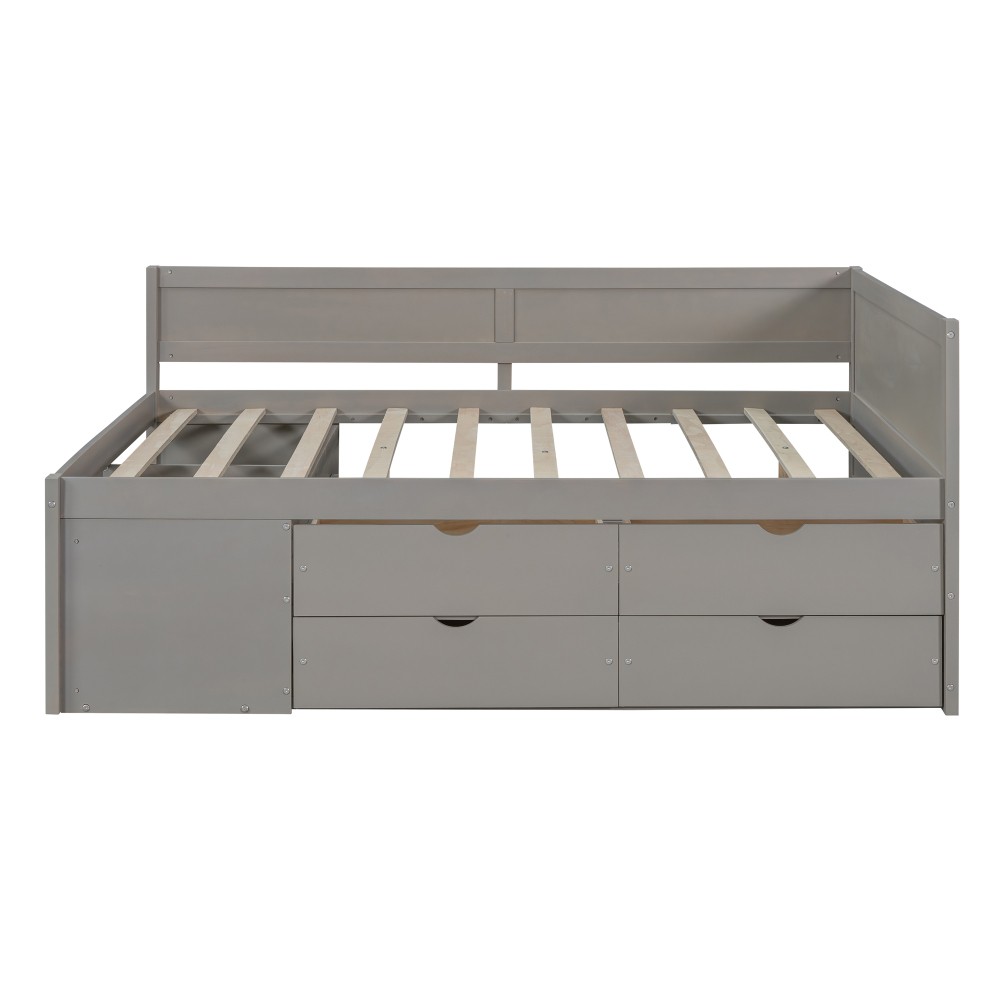 Full Size Daybed w/ Drawers & Shelves, Solid Wood Frame, Gray