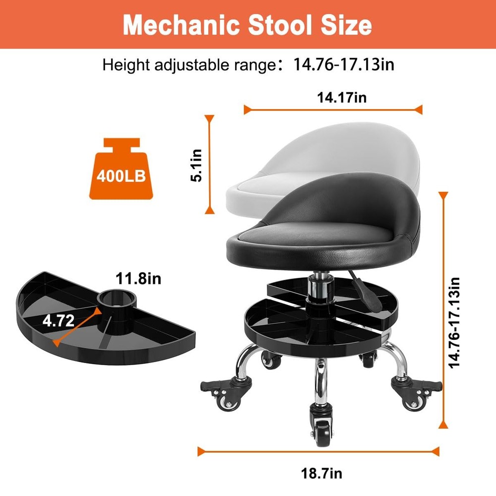 Rolling Work Stool with Storage Tray Height Adjustable Mechanics Seat Chair