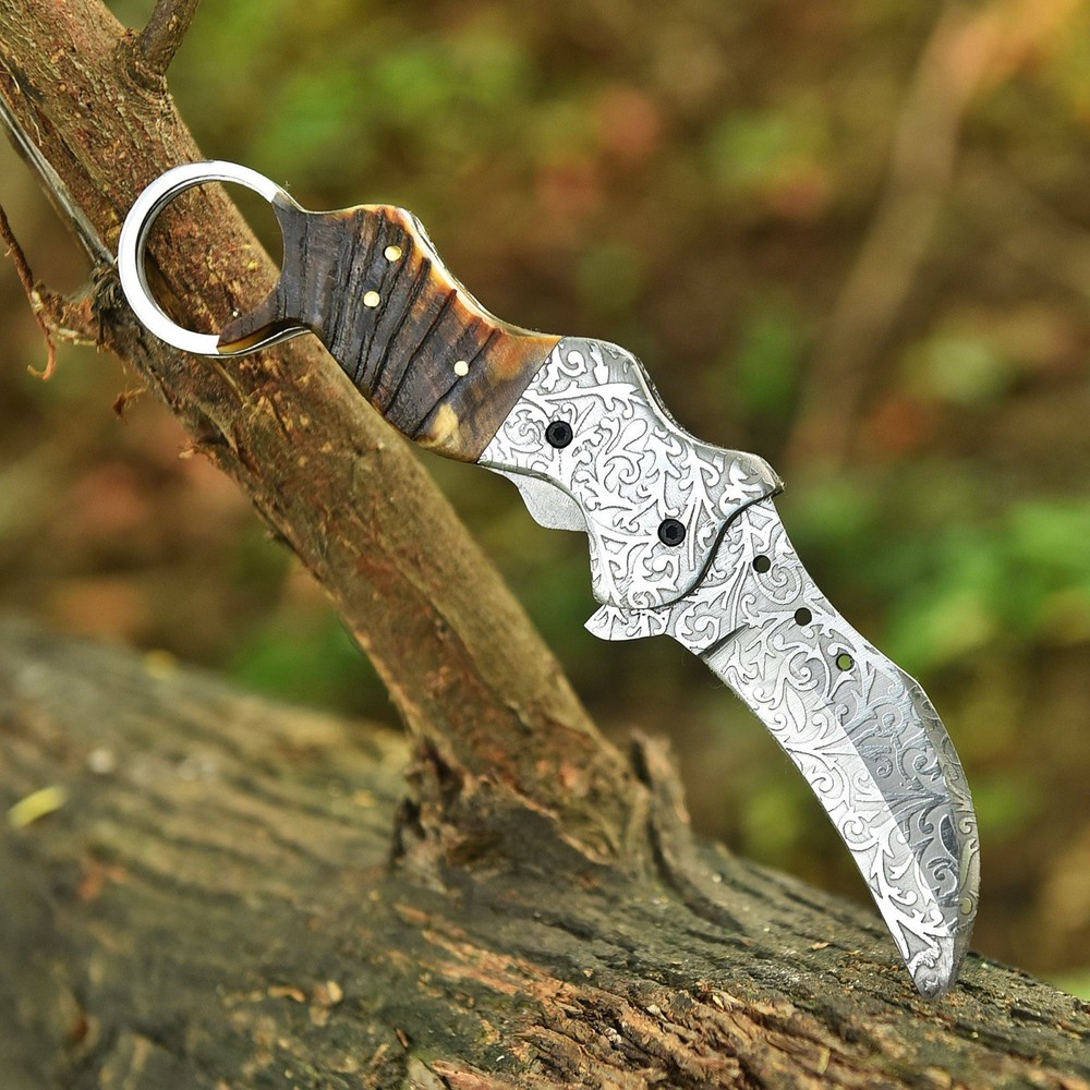 Damascus Folding Karambit Blade Pocket Knife Case -Original Camel Bone Handle