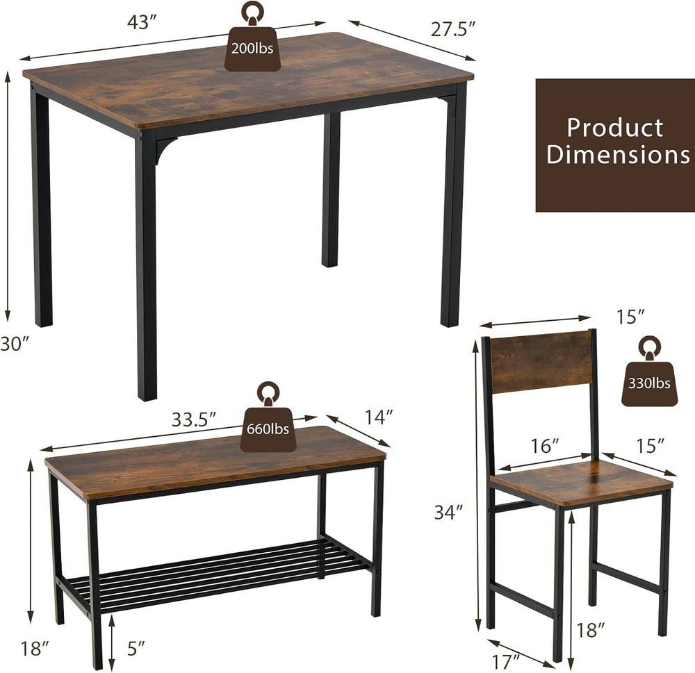 Dining Table Set 4 Kitchen Table W/ Bench & Chairs Industrial Gathering Bench