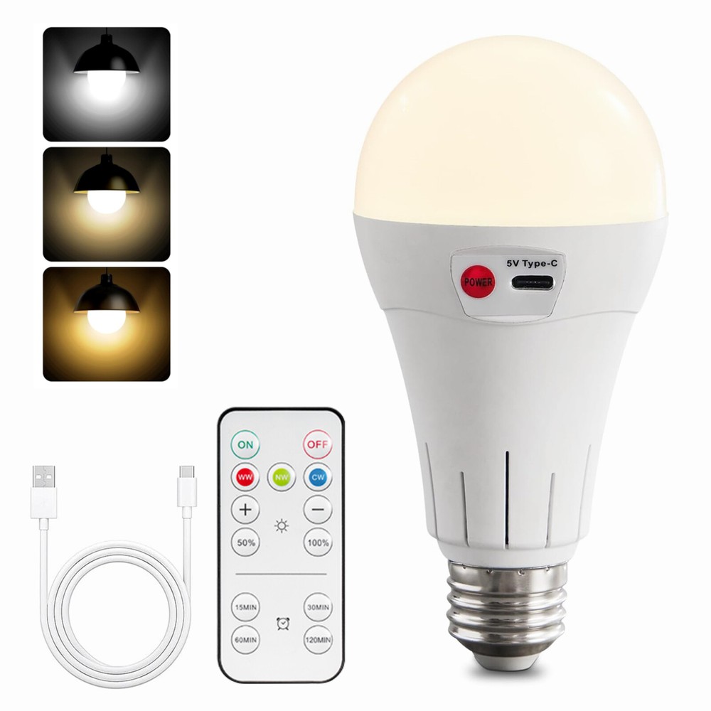 Rechargeable Battery Operated Light Bulbs w/Remote Wireless E26 LED Bulb 5000mAh
