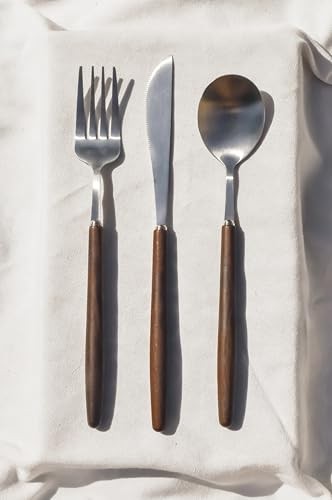 Lightweight Stainless Steel Flatware Set with Walnut (4 Sets) 12 Plain