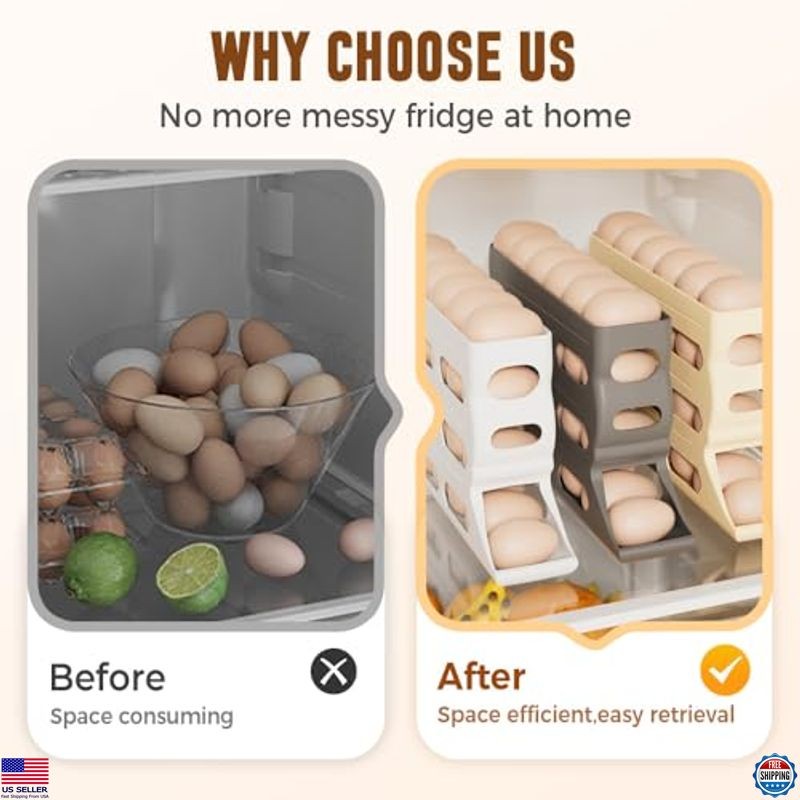 4-Tier Automatic Rolling Egg Holder - White Organizer for 30 Eggs - Kitchen