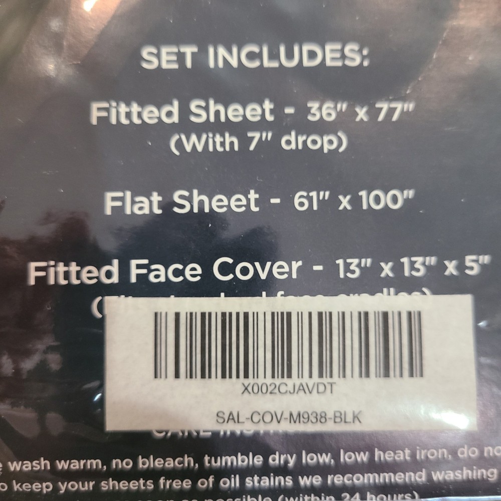 Massage Table Sheet Set 3 Pieces, Black Microfiber Fitted & Flat Sheet, Face Cov