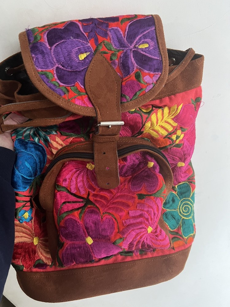 Vtg Suede Embroidered Backpack Floral Guatemala
