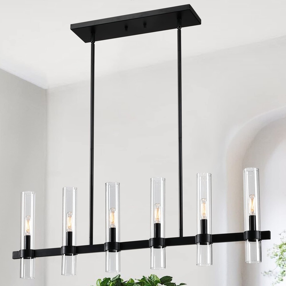 Modern Linear Island Light,6-Light Black Large Chandelier 36" W Rectangle Pen...