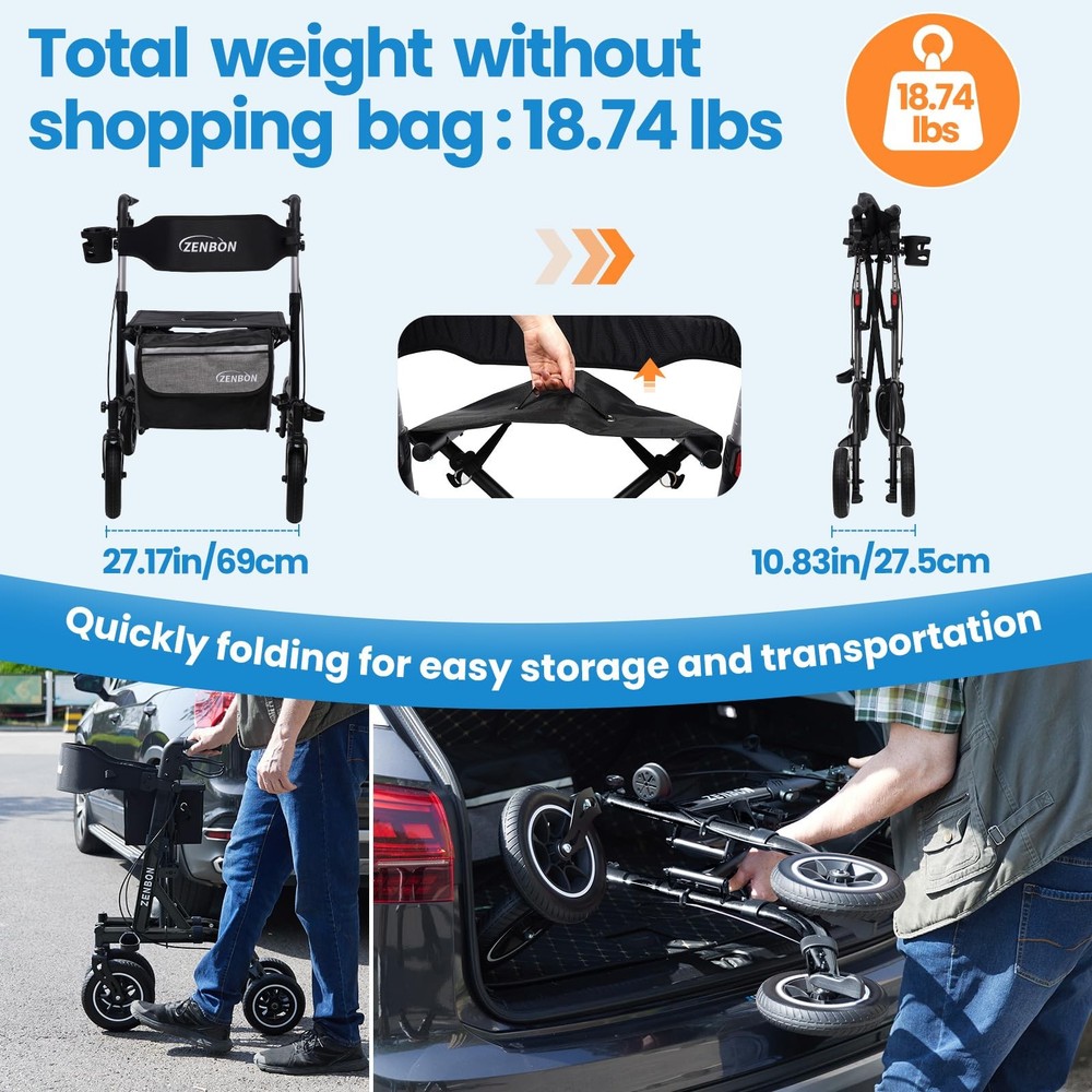 Rollator Walker for Seniors/Adults Foldable Rolling Walker with Seat 330 lbs ...